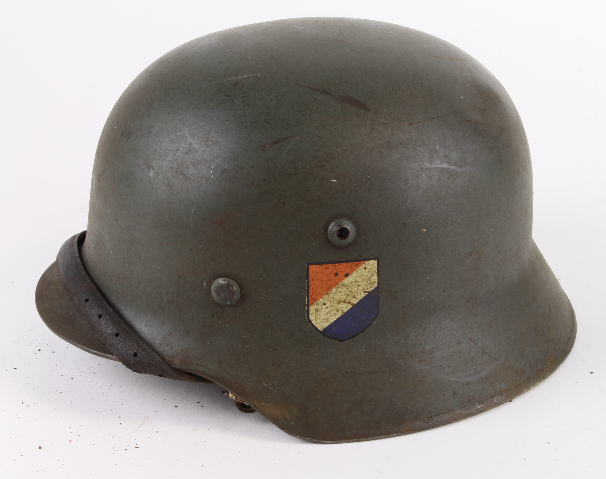 German steel Helmet a Dutch SS M35 style, with liner & chinstrap, double decal, light corrosion to