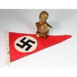 German bronze bust of Adolf Hitler 160mm high with 1934 dated NSDA party pennant.