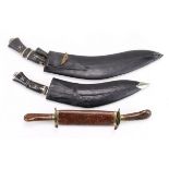 Indian Tourist knives, 1) large kukri blade 15" in its leather scabbard with its Chakmak & Karda. 2)