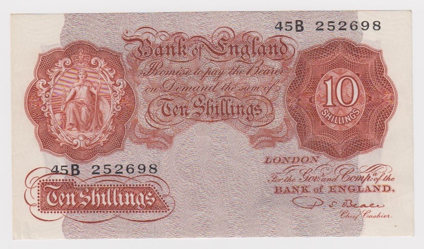 Beale 10 Shillings issued 1950, scarce LAST SERIES note, serial 45B 252698 (B265, Pick368b) dents in