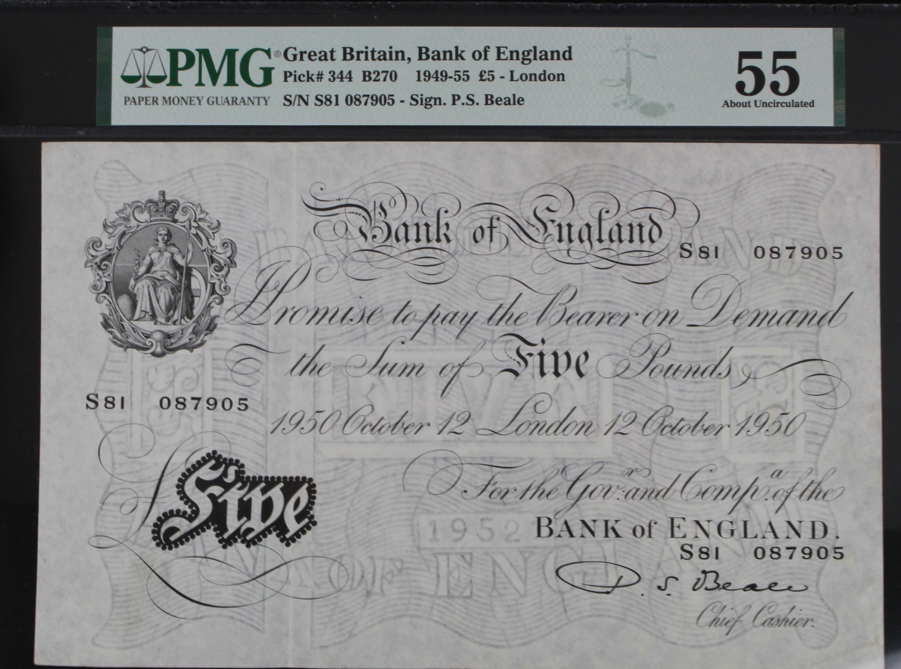 Beale 5 Pounds dated 12th October 1950, serial S81 087905 (B270, Pick344) in PMG holder graded 55