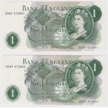 Fforde 1 Pound (2) issued 1967, a consecutively numbered pair of FIRST SERIES notes, serial B38Y