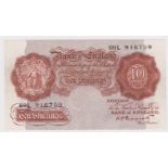 Peppiatt 10 Shillings issued 1948, the rarer post war issue WITHOUT security thread, serial 69L