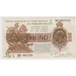 Warren Fisher 1 Pound issued 1927, rare LAST SERIES, Great Britain & Northern Ireland issue,