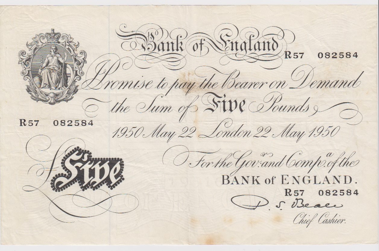 Beale 5 Pounds dated 22nd May 1950, serial R57 082584 (B270, Pick344) some dirt/stains, about VF