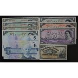 Canada (11), 10 Dollars, 2 Dollars and 1 Dollar dated 1954 these 3 notes 'Devil's Face' in hairdo,