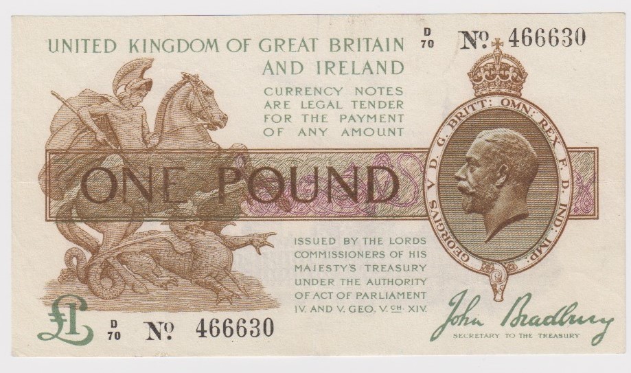 Bradbury 1 Pound issued 1917, serial D/70 466630 (T16, Pick351) good VF