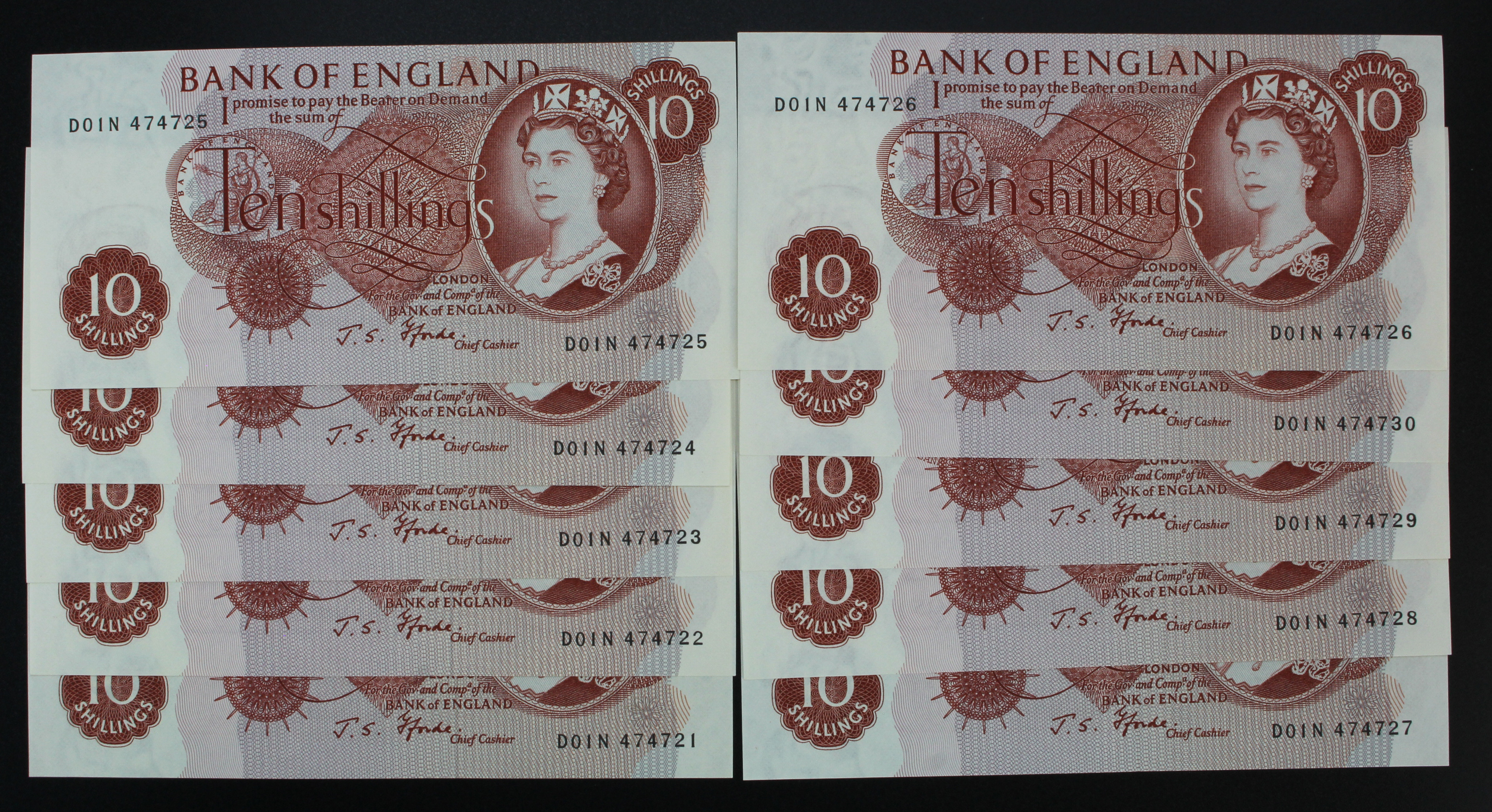 Fforde 10 Shillings (10) issued 1967, a consecutively numbered run of LAST SERIES notes with '01'