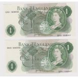 ERROR Page 1 Pound (2) issued 1970, a very scarce pair of IDENTICAL mismatched serial numbers, top