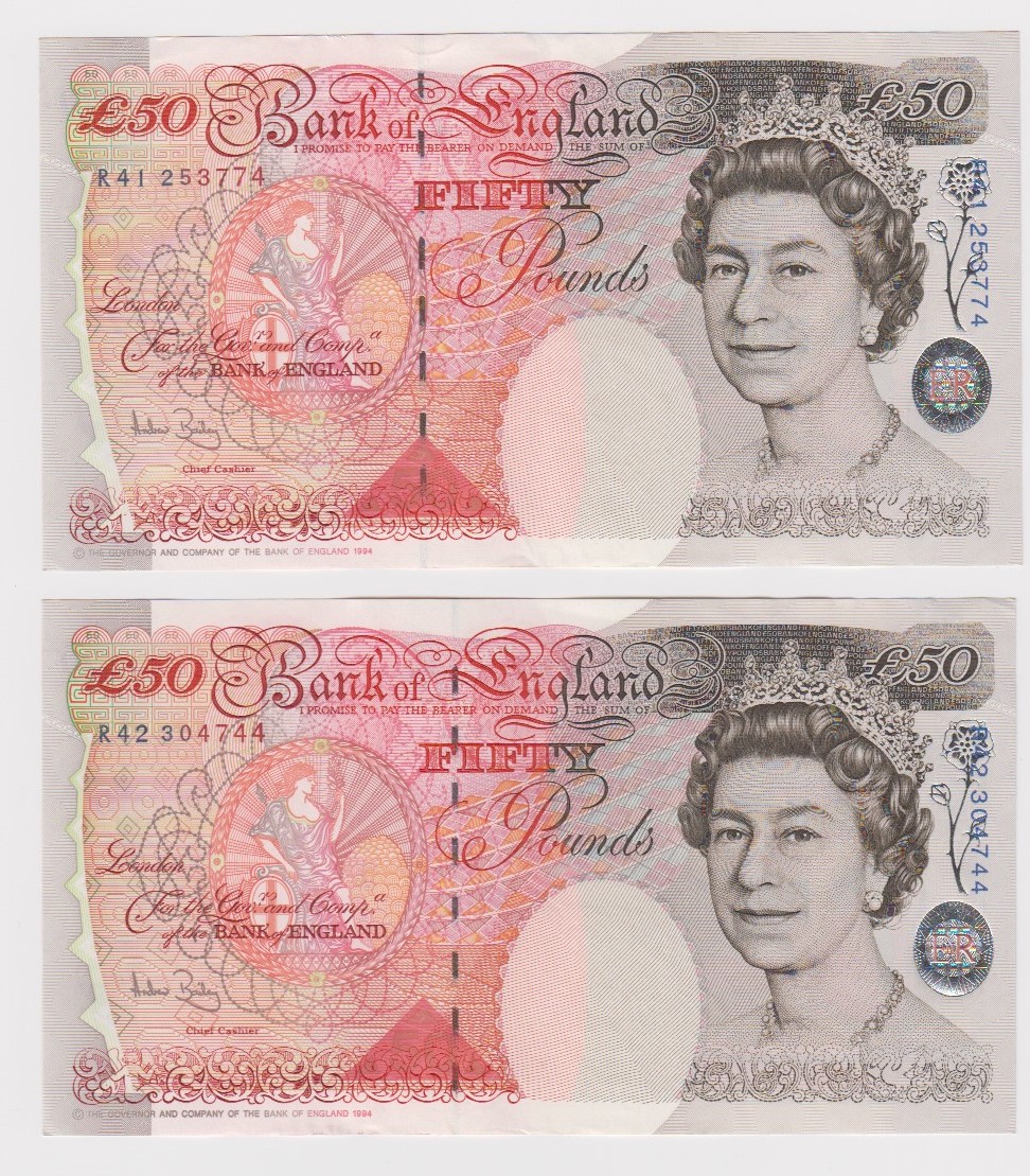 Bailey 50 Pounds (2) issued 2006, serial R41 253774 and R42 304744 (B404, Pick393a) good EF