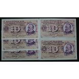 Switzerland 10 Franken (5) dated 1971 & 1977 (TBB B331q & 331u, Pick45q & 45u) Uncirculated