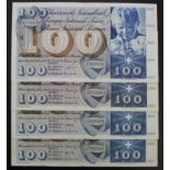 Switzerland 100 Franken (4), dated 21st December 1967, 10th February 1971, 1st January 1967 and 30th