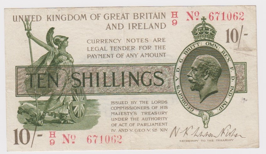 Warren Fisher 10 Shillings issued 1919, LAST SERIES serial H/9 671062, No. with dash (T26,