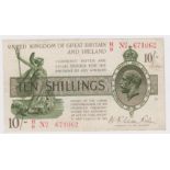 Warren Fisher 10 Shillings issued 1919, LAST SERIES serial H/9 671062, No. with dash (T26,