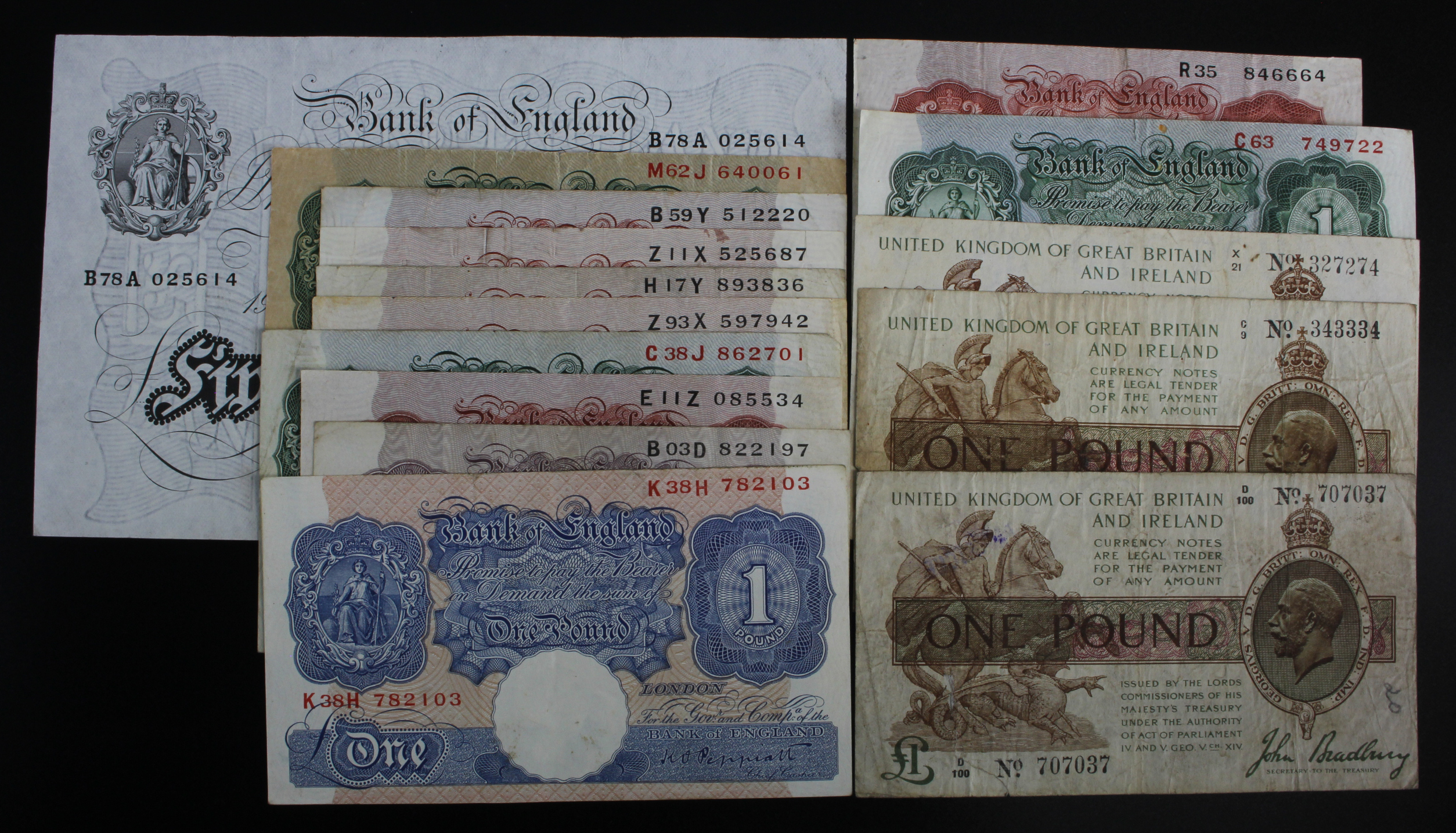 Bank of England & Treasury (15), Bradbury 1 Pound T16 (2) issued 1917, Warren Fisher 1 Pound T24