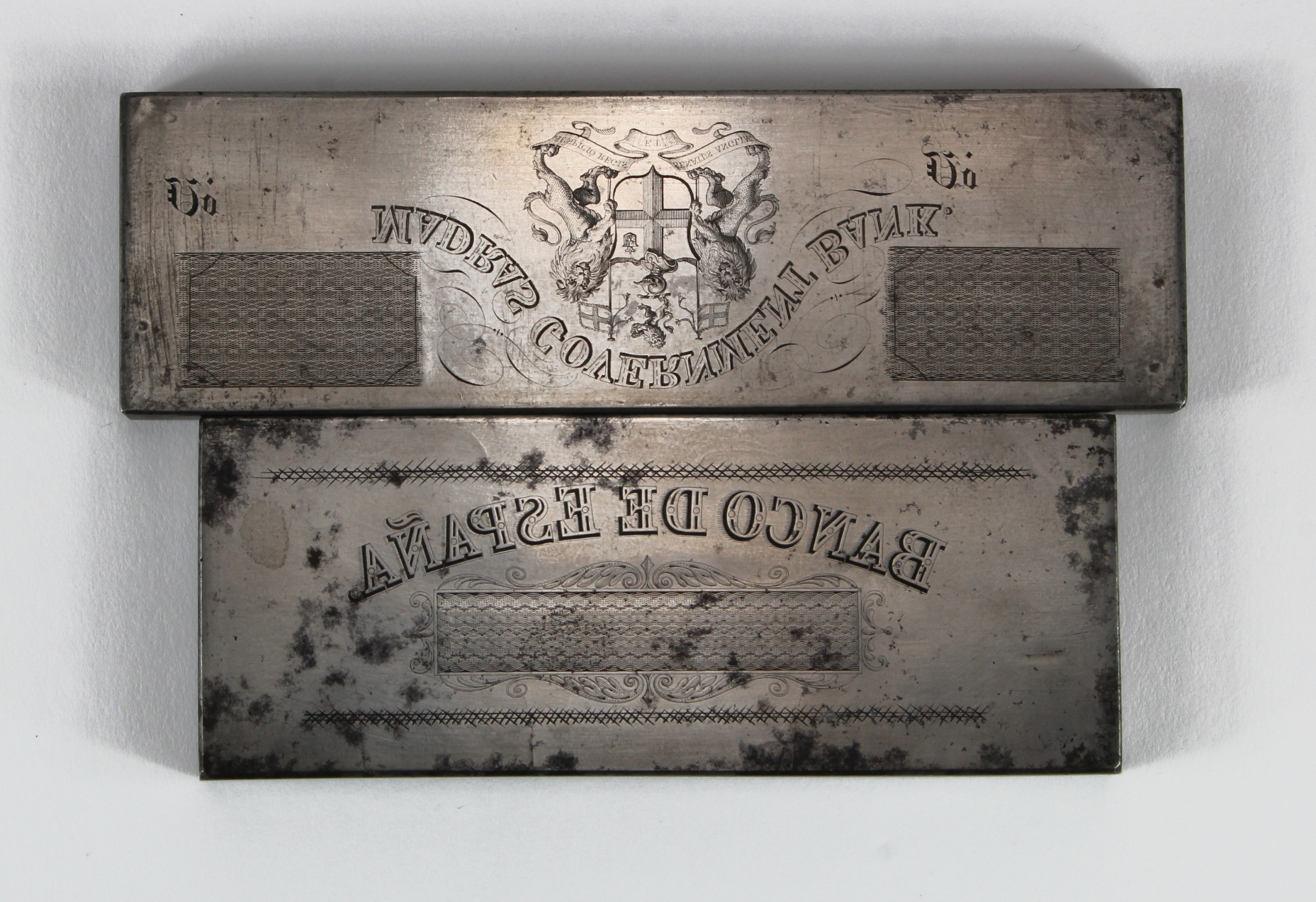 Printers Plate (2), engraved steel printers plates, Madras Government Bank (1806 - 1843) showing