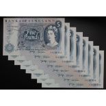 Page 5 Pounds (8) issued 1971, a collection of FIRST SERIES notes all with 91C prefix, in a