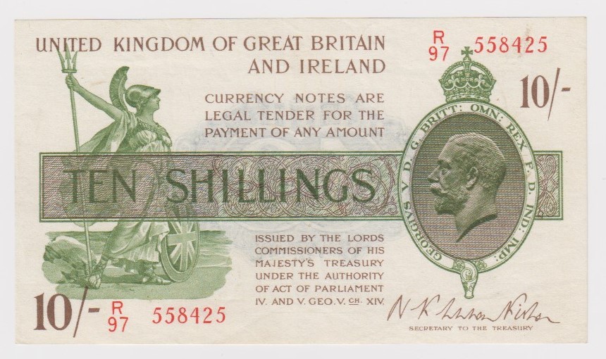 Warren Fisher 10 Shillings issued 1922, serial R/97 558425 (T30, Pick358) lightly pressed, good VF