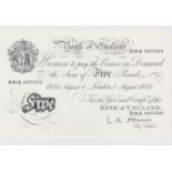 O'Brien 5 Pounds dated 1st August 1956, final year of issue of white notes, serial D56A 067233, (