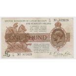 Warren Fisher 1 Pound issued 25th July 1927, rarer Great Britain & Northern Ireland issue, serial