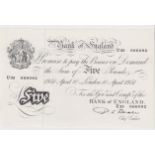 Beale 5 Pounds dated 10th April 1951, serial U35 066092, a consecutively numbered note to the