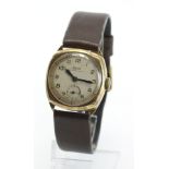 Gents 9ct cased wristwatch (hallmarked Birmingham 1943) by Rone. Case size Approx 30mm x 30mm, watch