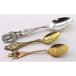 Three Fancy silver Souvenir spoons comprising one large American spoon c. 1900 by B.B. Biddle & Co