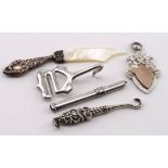 Mixed silver & mother of pearl items (5) comprising a hook, button-hook, tooth-pick, bookmark and