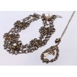 Silver Austro-Hungarian Bracelet and Drop Pendant (2) set with Seed Pearls, Amethyst and Natural