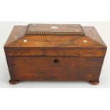 Oak inlaid with mother of pearl sewing box, raised on four feet, internal tray, height 16cm, width