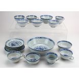 Oriental blue & white porcelain part teaset and three bowls, 18 pieces in all, two are damaged.