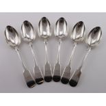Heavy set of six Fiddle pattern dessert spoons hallmarked Sheffield, 1912 (1), 1913 (1) and 1914 (