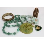 Group of six items (some Jade), including two bead necklaces, dragon pendant, bangle, New Zealand