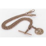 9ct "T" Bar pocket watch chain with Masonic pendant. Length approx 44cm, weight 30.6g