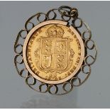 Half Sovereign 1892 in a 9ct pendant mount. Total weight 5.9g