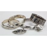 Mixed lot of three silver bangles, Siamese silver & Niello brooch and bracelet plus a Caithness type