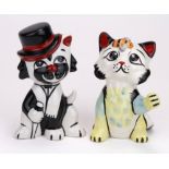 Lorna Bailey. Two Lorna Bailey animal figures, comprising a busy bee cat & a dog wearing a top
