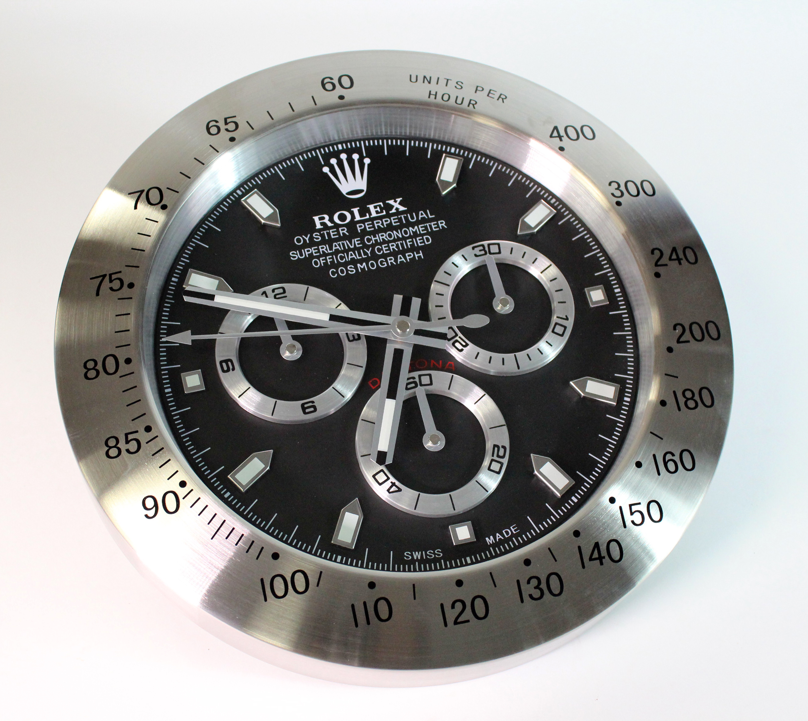 Advertising Wall Clock. Chrome 'Rolex' advertising wall clock, black dial reads 'Rolex Oyster