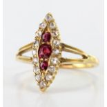 Yellow metal (tests 10ct) Ring set with Rubies and old cut Diamonds size L weight 3.1g