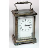 Silvered brass five glass carriage clock, white enamel dial with Roman numerals, movement stamped
