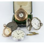 Ladies 9ct cased fob watch along with four gents pocket watches to include gold plated half-