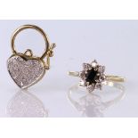 9ct Gold stone set Padlock Charm weight 2.4g plus 9ct Sapphire and CZ set Ring size N weight 1.7g (