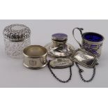 Mixed lot of silver comprising a silver mounted glass Trinket Pot, a small Inkwell with enamelled