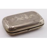 Russian silver niello case, decorated with three figures in a sleigh being pulled by three horses,