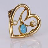 Yellow metal (tests 9ct) Heart Brooch set with Turquoise and Pearls weight 3.5g