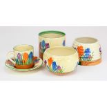 Clarice Cliff. Five pieces of Clarice Cliff Crocus pattern. Including cup & saucer (handle