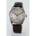 Gents stainless steel cased Omega wristwatch circa 1944. The white dial with black arabic numerals