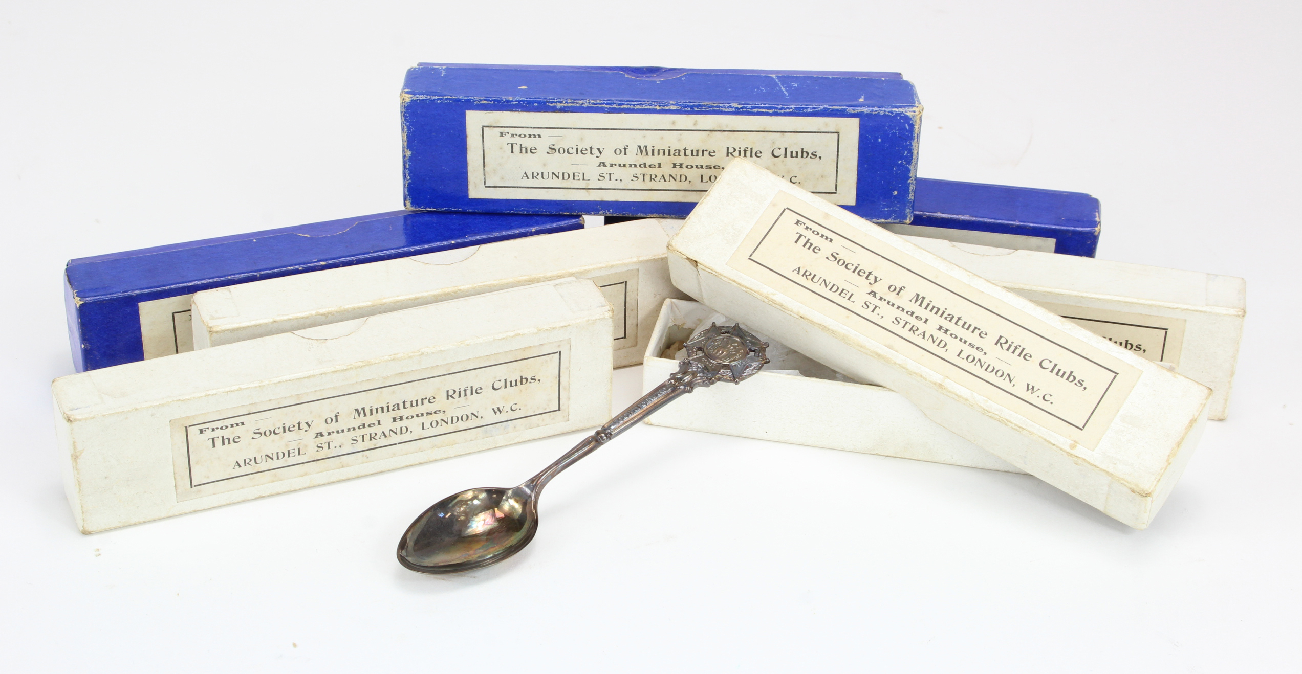 Miniature Rifle Club interest. Seven silver teaspoons relating to the Society of Miniature Rifle