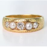 18ct Gold Ring set with old cut Diamonds and Pearls approx 0.3ct weight size L weight 5.3g