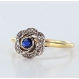Yellow metal stamped 18ct Sapphire and Diamond Ring size M weight 2.2g